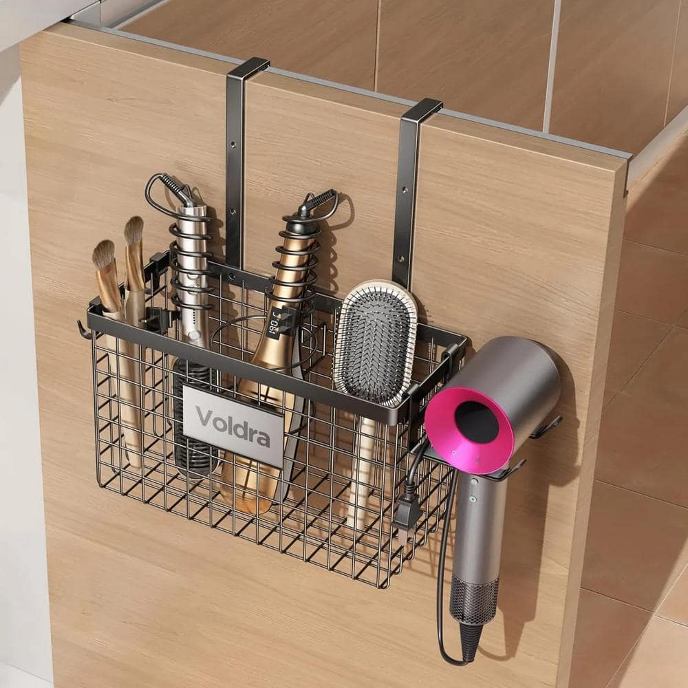 Anqtovp Hanging Blow Dryer Holder Hair Tool Organizer Rack in. Black with Adjustable Heights for Cabinet Door or Wall (3)