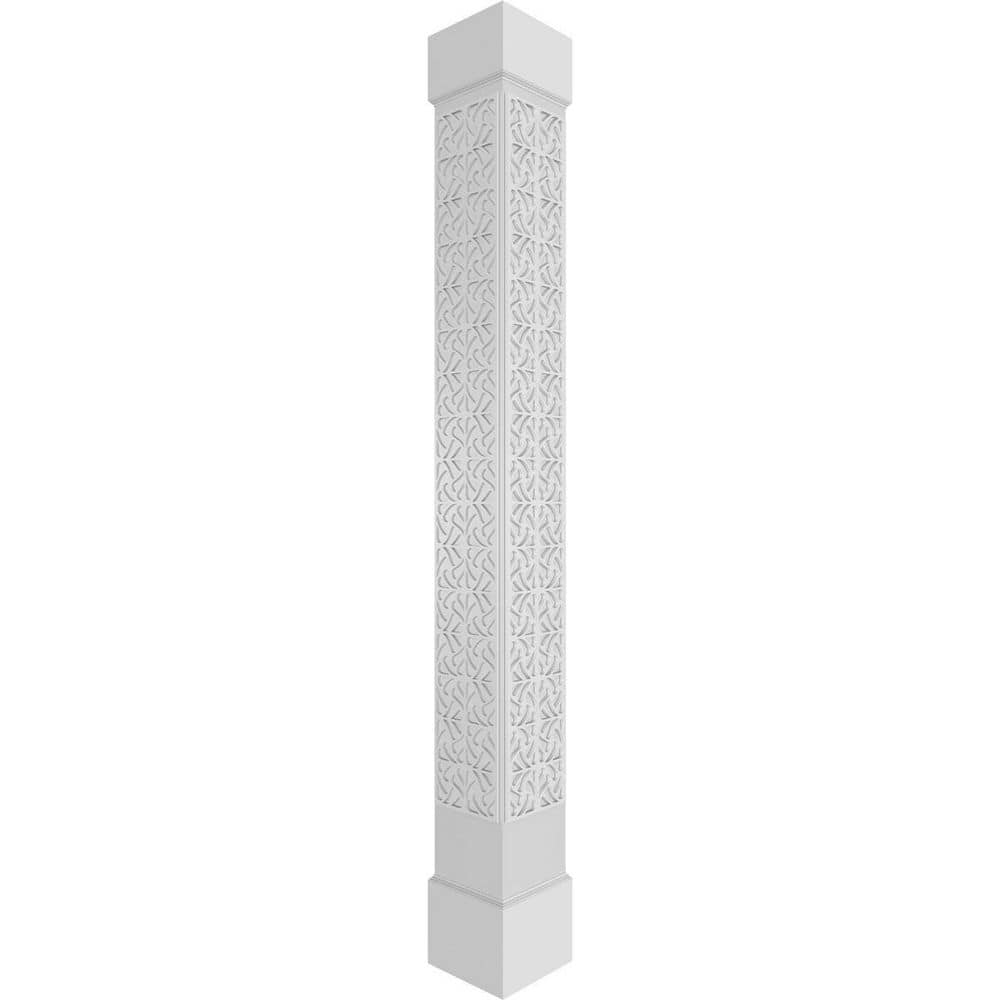 Ekena Millwork 11-5/8 in. x 9 ft. Premium Square Non-Tapered Paisley Fretwork PVC Column Wrap Kit with Standard Capital and Base (1)