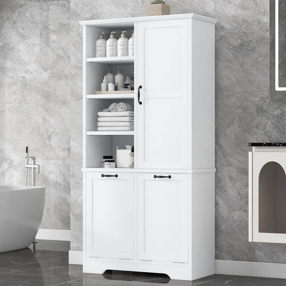 Unbranded 31 in. W x 14 in. D x 68 in. H White Linen Cabinet with Tilt-Out Laundry Hamper, Doors and Drawers (2)