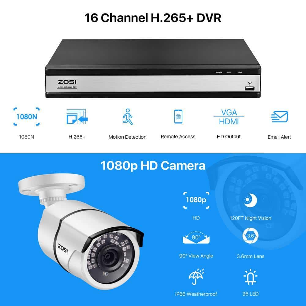 ZOSI H.265+ 16-Channel 1080p 4TB DVR Smart Security Camera System with 8 Wired Bullet Cameras (2)