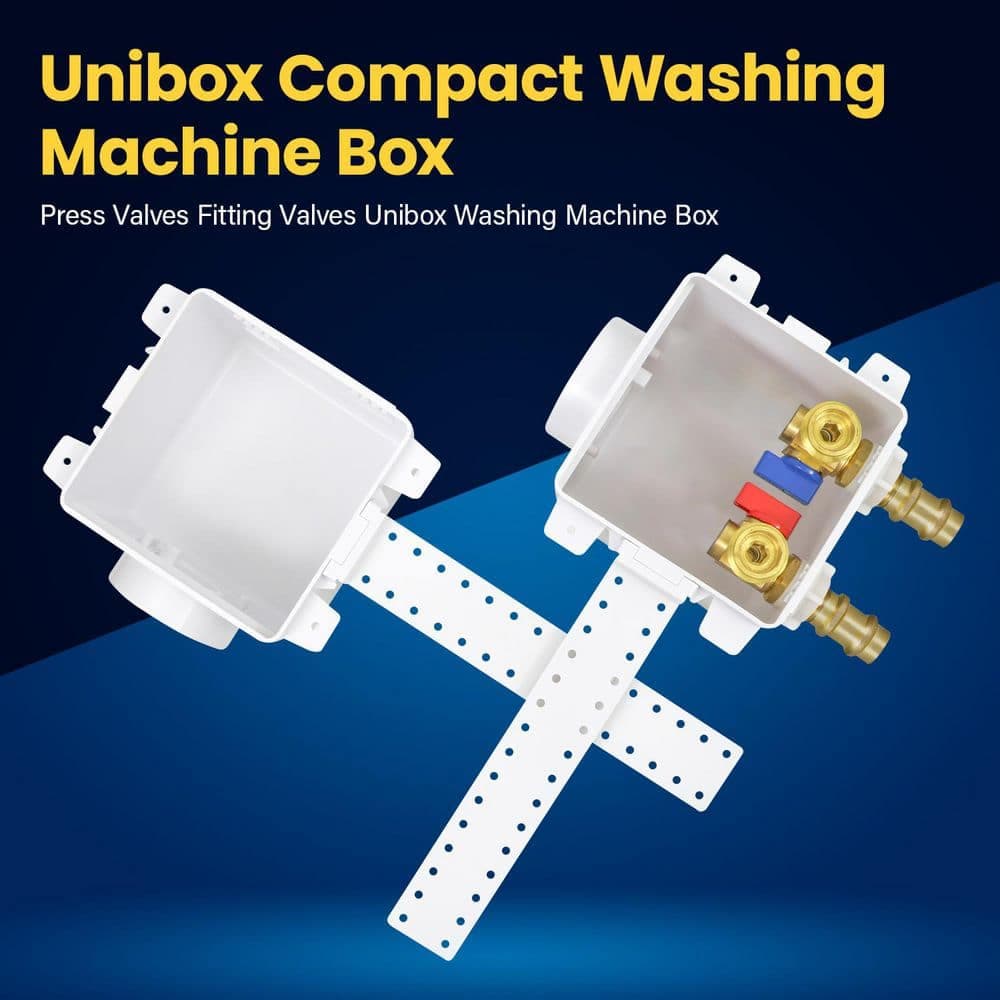 PLUMBFLEX 1/2 In Press Brass Valve Fittings, White ABS Plastic Washing Machine Double Interlocking Outlet Box with Hammer Arrester (2)