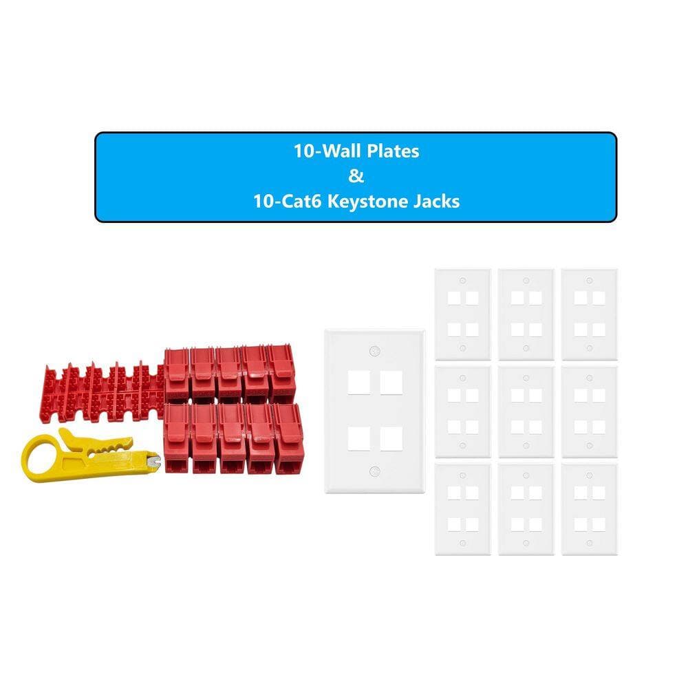 Micro Connectors, Inc 10-Pack 1-Gang White Keystone Plastic Wall Plates 4-Port and 10 Cat 6 RJ45 Keystone Jacks Red (2)
