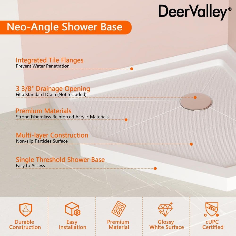DEERVALLEY 36 in. L x 36 in. W Acrylic Neo-Angle Corner Shower Pan Base in White with Corner Drain and Low-Profile Threshold (2)