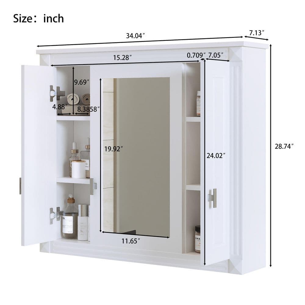 Adrinfly 7.13 in. W x 34.04 in. D x 28.74 in. H Wall Mounted Bathroom Storage Wall Cabinet with Mirror and 4 Shelves in White (3)