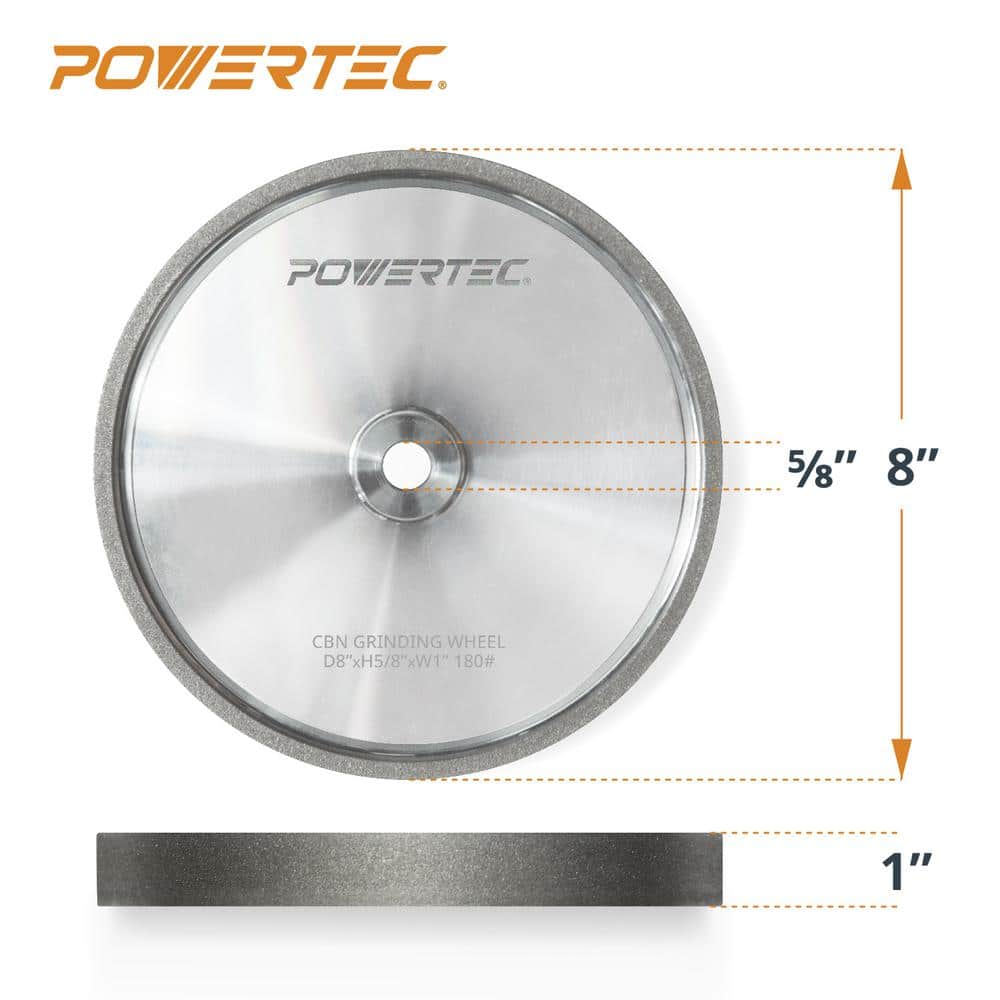 ‎POWERTEC 8 in. x 1 in. W, 5/8 in. Arbor CBN Bench Grinding Wheel, 180 Grit for Sharpening HSS Tool/Lathe Tool for Bench Grinder (3)