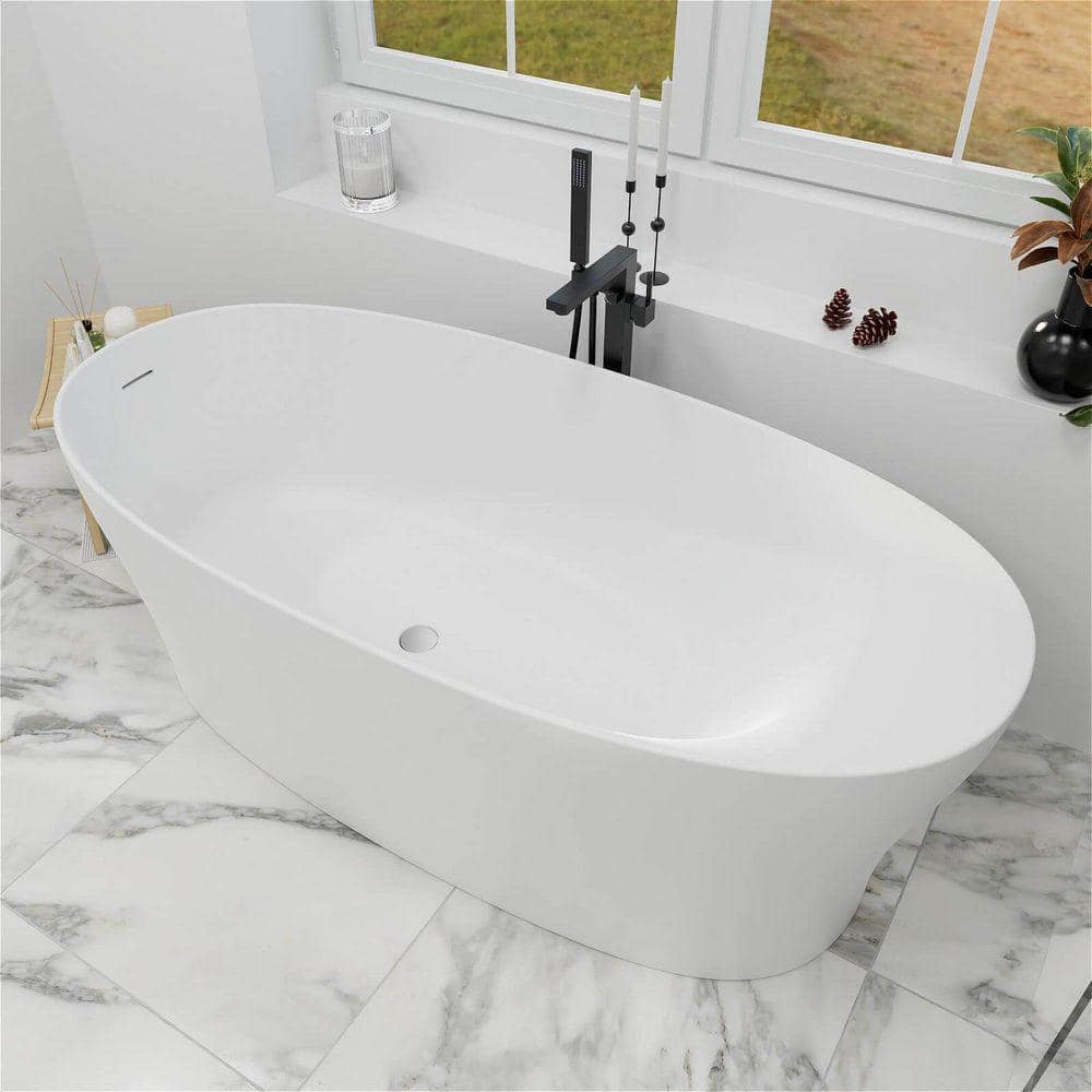 GIVING TREE 63 in. x 29.9 in. Oval Stone Resin Freestanding Soaking Bathtub with Ergonomic Backrest in Matte White (1)