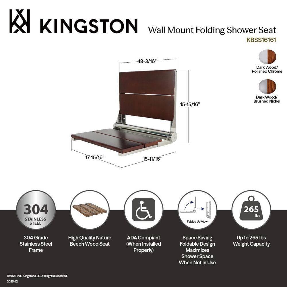 Kingston Brass Soutien 20 in. x 16 in. Wall Mount Folding Shower Seat in Dark Wood/Polished Chrome (2)