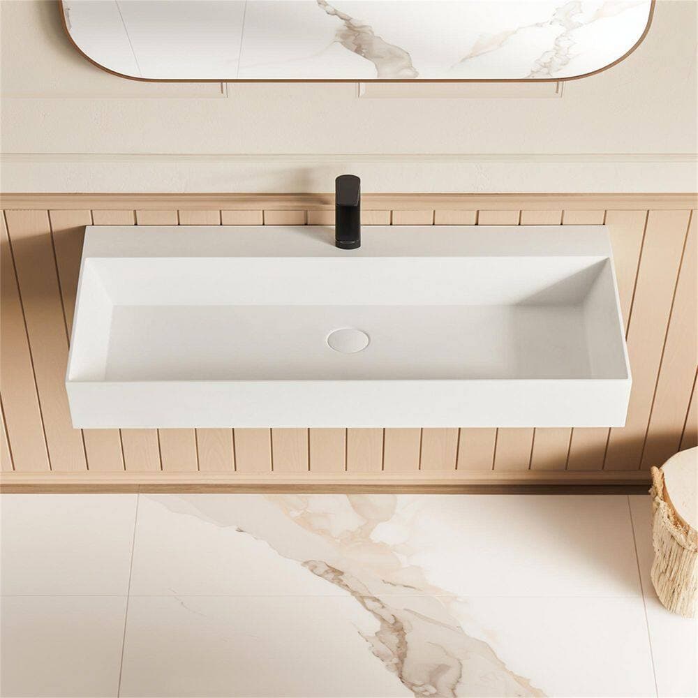 LUXSHERY 36 in Solid Surface Wall-Mounted Rectangular Bathroom Sink Vessel Sink with Faucet Hole in Matte White (3)