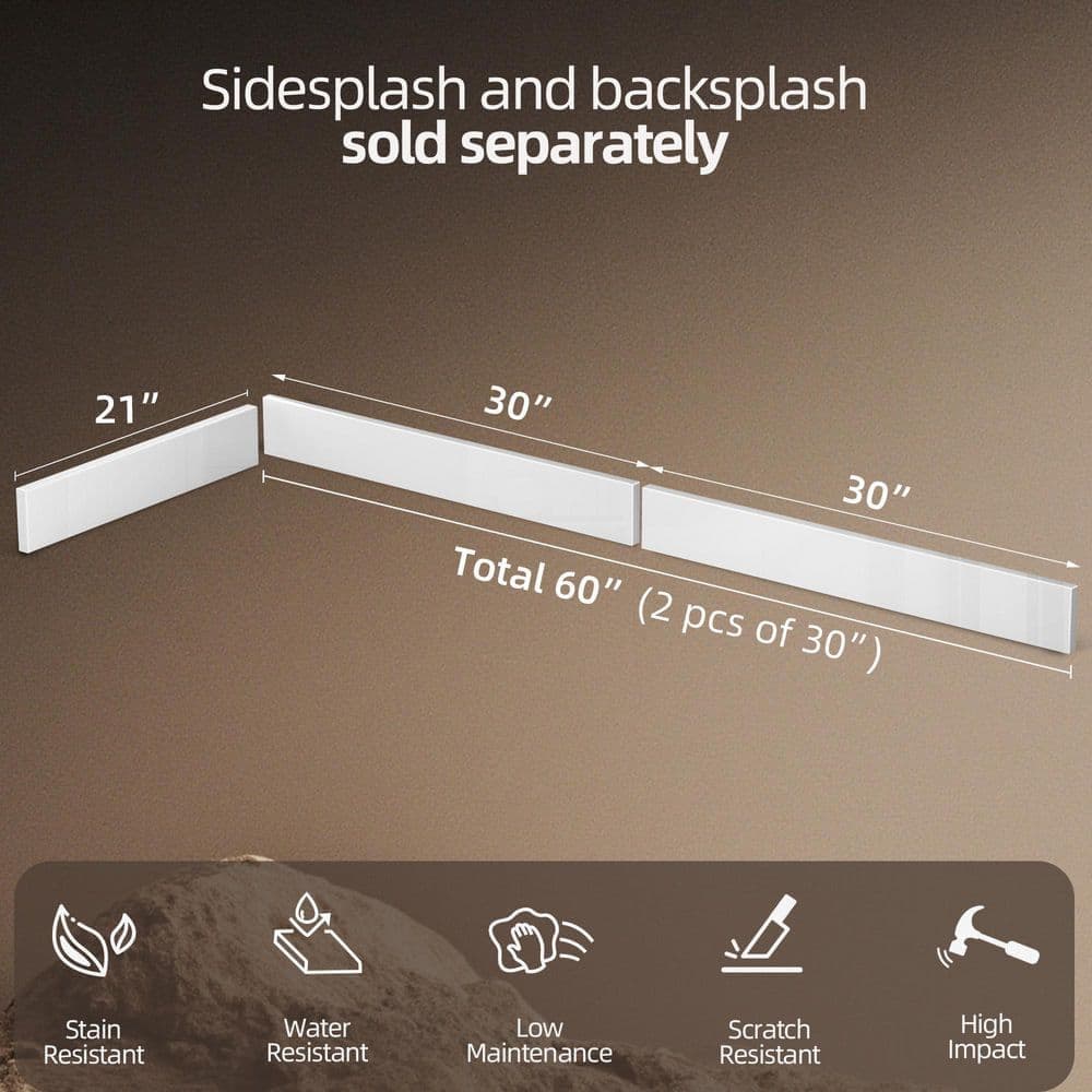 Zeafive 60 in. W x 4 in. H Solid Surface Resin Bathroom Vanity Backsplash Splash Guard in Pure White (2-Pieces of 30 in. ) (2)