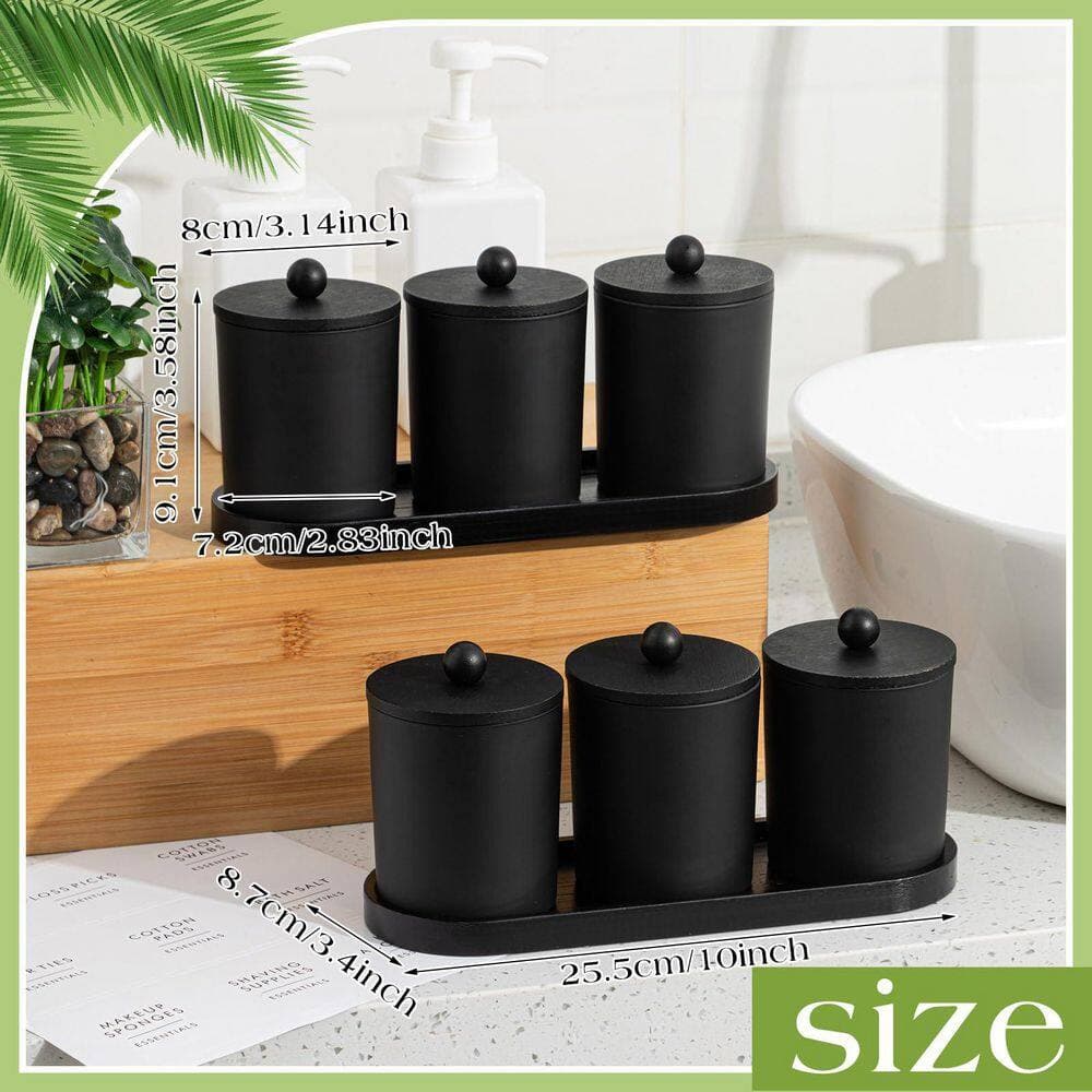 KHKFY 6-Pack Glass Cotton Swab Holder with Bamboo Lids, 2 Trays and 9 Labels, Bathroom Apothecary Jars Black (2)