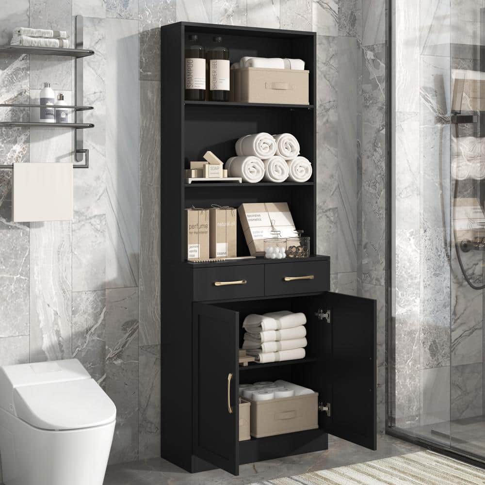 Unbranded 25.9 in. W x 11 in. D x 70 in. H Black Tall Bathroom Cabinet with 2 Doors and Drawers , Adjustable Shelf (2)