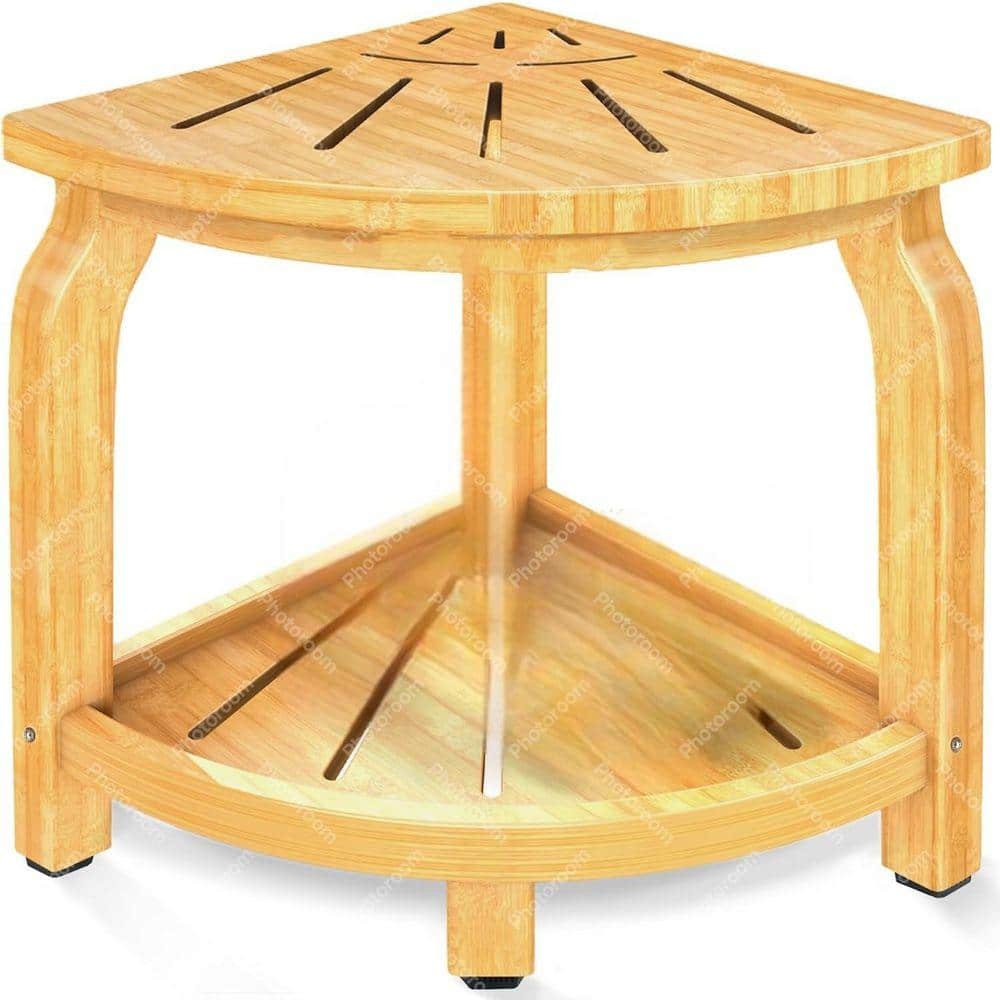 JFVKAF 13 in. W Waterproof Bamboo Shower Stool Corner Bath Bench in Bamboo Color with Storage Shelf Holds Up to 450 lbs.