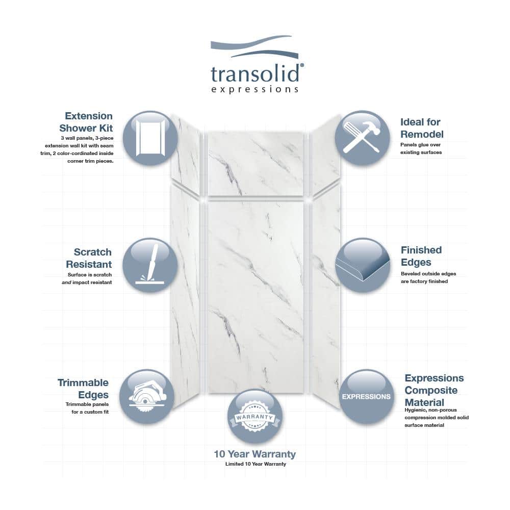Transolid Expressions 36 in. x 36 in. x 96 in. 4-Piece Easy Up Adhesive Alcove Shower Wall Surround in Bianca (3)