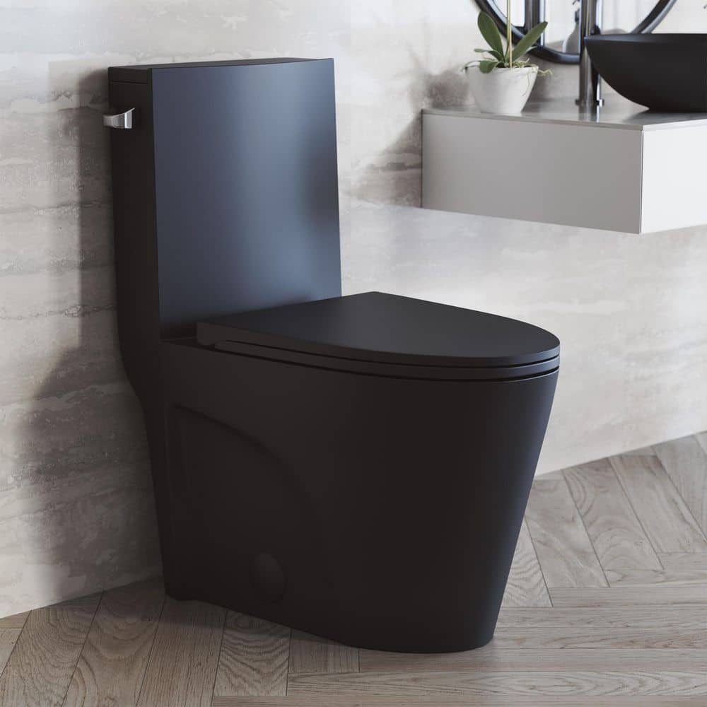 Swiss Madison St. Tropez 1-Piece 10 in. Rough-in 1.28 GPF Left Flush Elongated Toilet in Matte Black (1)