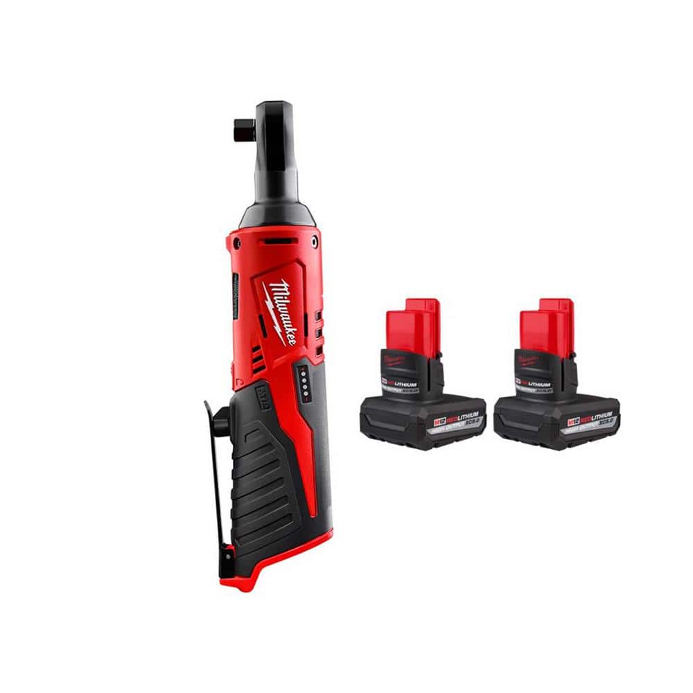 Milwaukee M12 12V Lithium-Ion 3/8 in. Cordless Ratchet with M12 XC High Output 5 Ah Battery (2-Pack)
