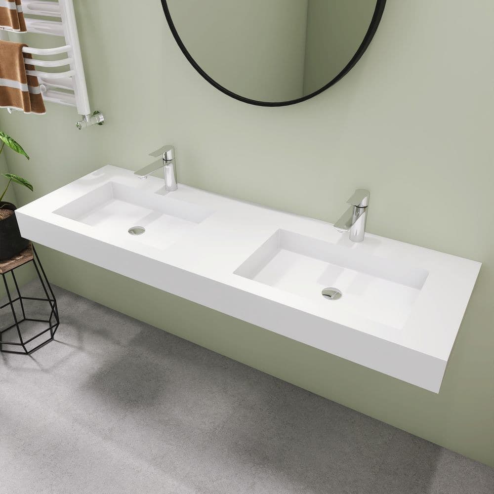 SJ STAR&JANE 59 in. Wall Mount Rectangle Double Vessel Sink with Faucet Hole, Solid Surface Bathroom Vessel Sink (1)