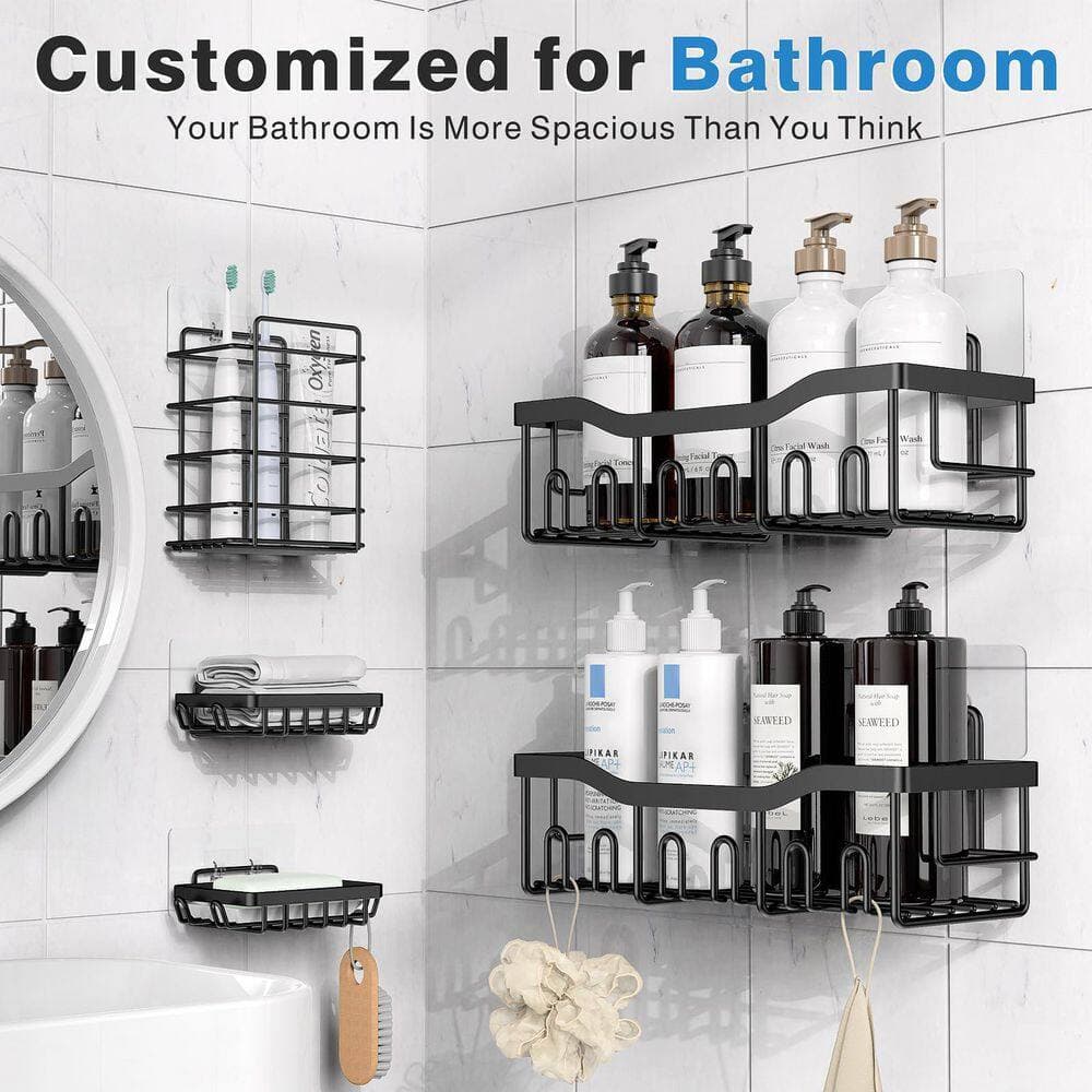 Numhew Adhesive Shower Caddy in Black, 5 Pack No Drilling Rustproof Stainless Steel Bath Organizers with Large Capacity (2)