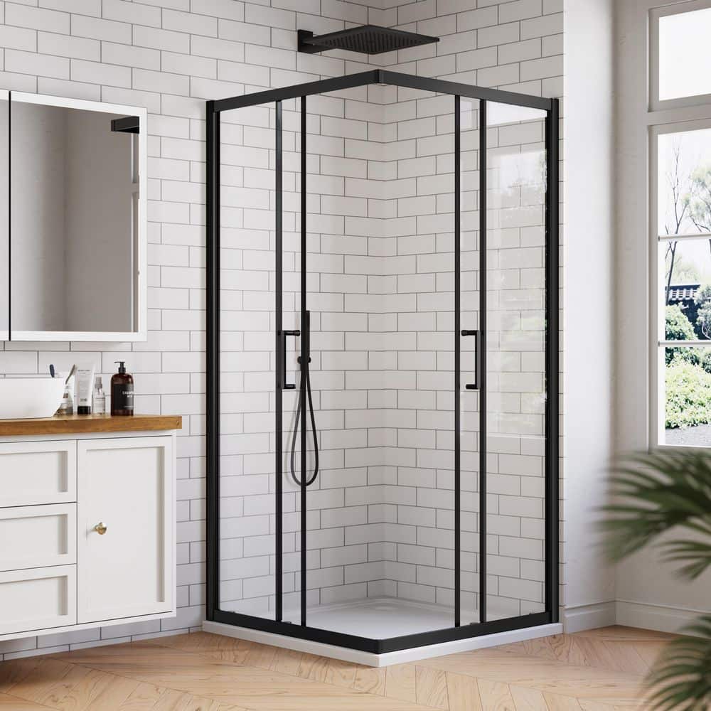 imperiol 36 in. W x 72 in. H Square Double Sliding Framed Corner Shower Enclosure in Matte Black with 1/4 in. Clear Glass (2)