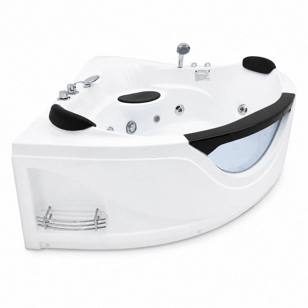 MEDUNJESS 59 in. x 59 in. 2-Person Corner Acrylic Flatbottom Freestanding Whirlpool Bathtub in White with Faucets (1)