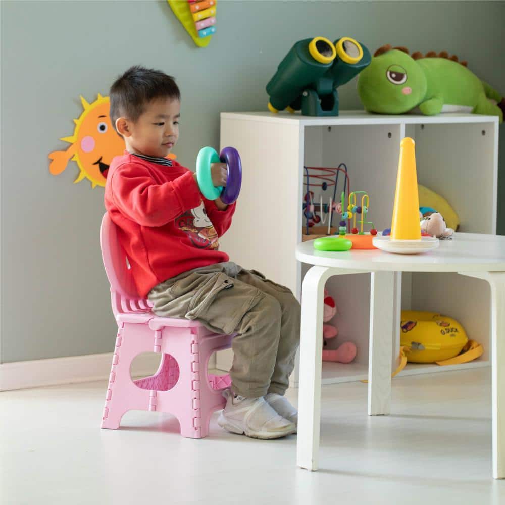 Basicwise Plastic Foldable Step Stool with Back Support, Kids Stepping Stool and Bathroom Stool, Collapsible Step Stool, Pink (2)