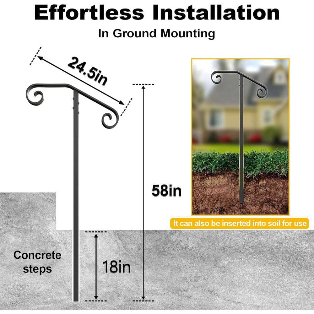 Afoxsos Wrought Iron Outdoor Step Handrails Single Post Black Matte Finish Easy Install for 1 or 2 Steps Sturdy Grab Rail (3)