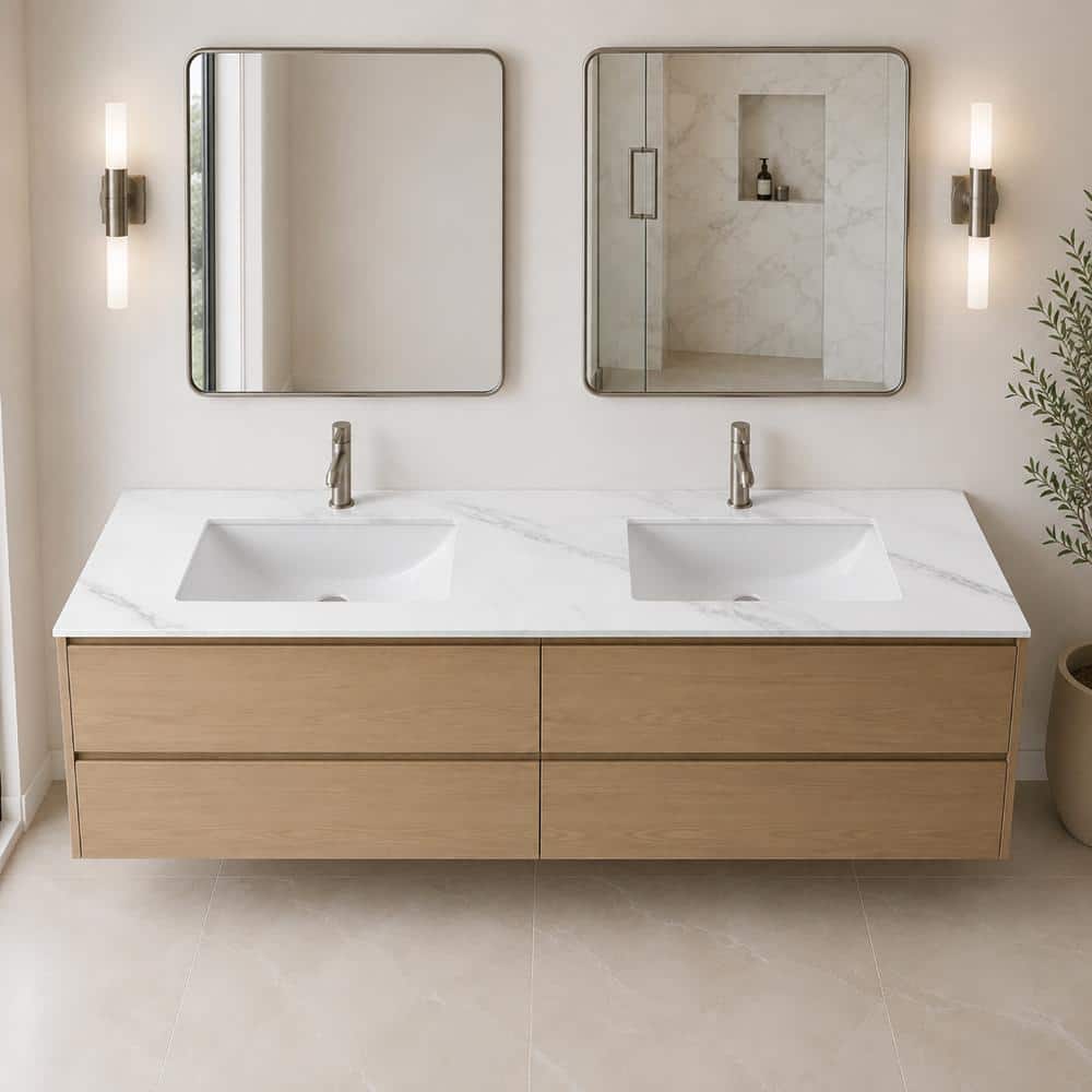 castellousa 72" Porcelain Vanity Top in Carrara White with White Rectangular Double Sink (2)
