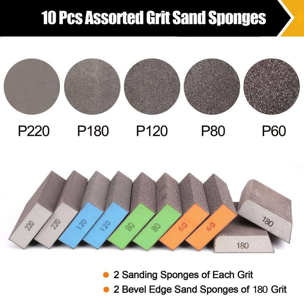 Unbranded 10-Pack Washable Reusable Sanding Sponge Blocks for Wood Drywall Metal Glasses in 60/80/100/120/180/220 Grit Assortment (3)