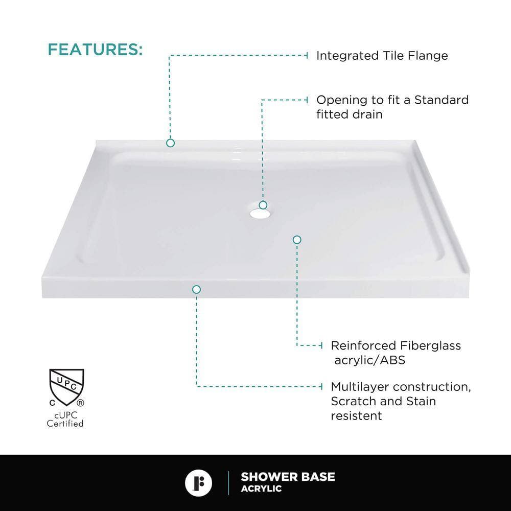FINE FIXTURES 60 in. L 36 in. W Double Threshold Corner Shower Pan Base with Drain White (4)