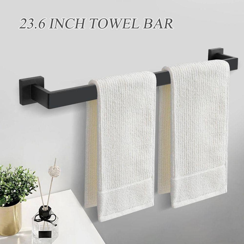 JFVKAF 5-Piece Bathroom Hardware Accessories Set with Toilet Paper Holder Shelf Towel Bar Hooks in Matte Black Finish (3)