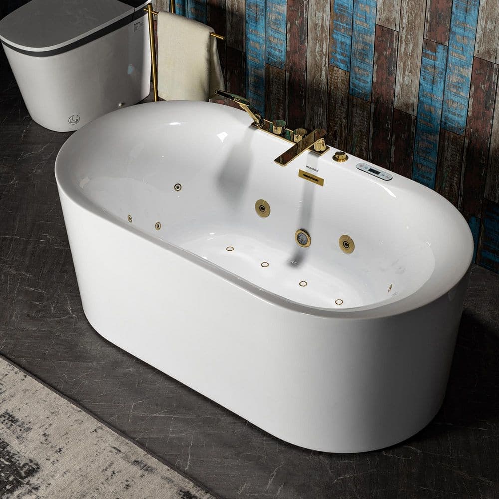 WOODBRIDGE 59 in. x 31.5 in. Acrylic Whirlpool and Air with Inline Heater Soaking Bathtub in White with Gold Tub Filler (1)