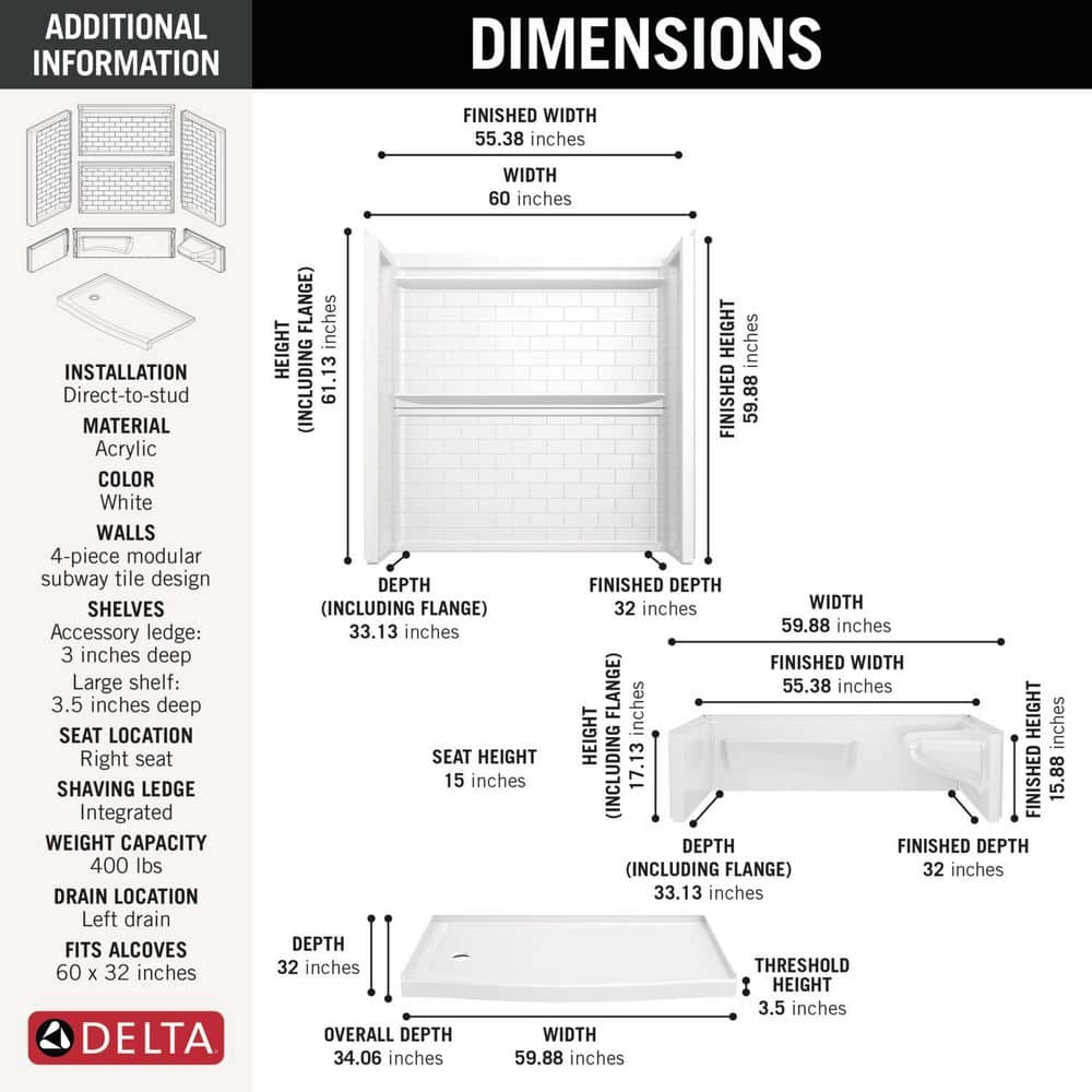 Delta Classic 500 Tile Curve Right Seat 32 in. L x 60 in. W x 75.76 in. H Alcove Shower Kit with Shower Wall and Shower Pan (3)