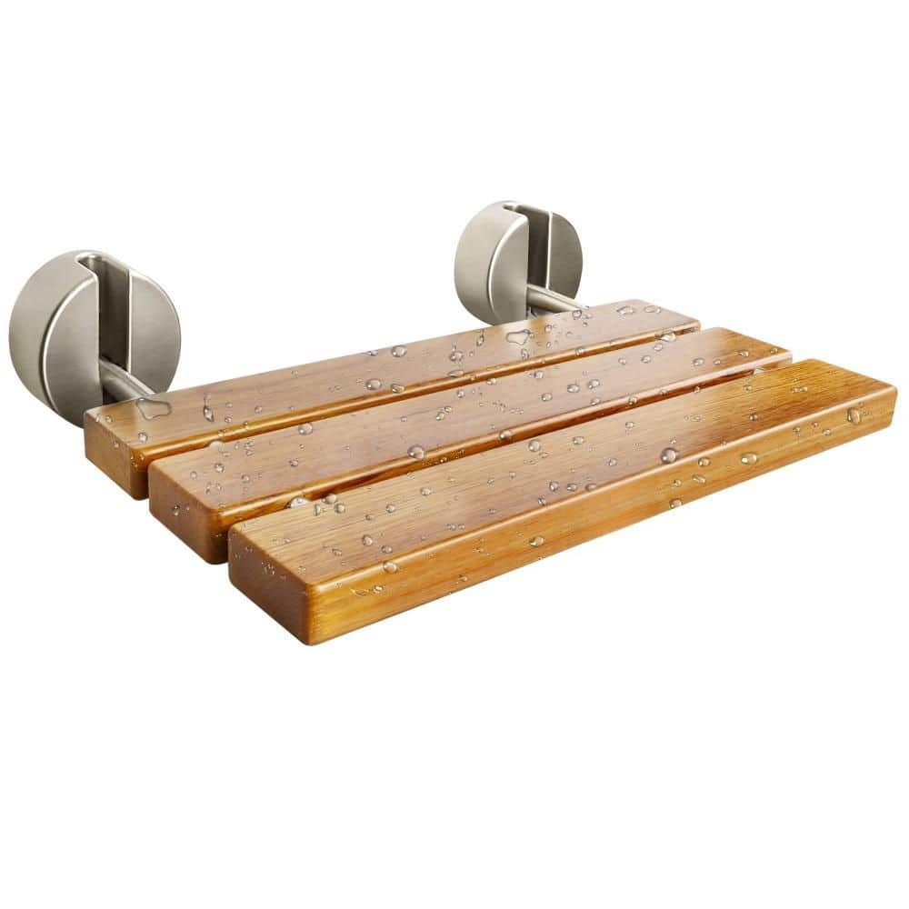 Numhew 20 in. W Wall Mounted Teak Shower Seat, Home Care Folding Down Shower Bench for Inside Shower, Matte and Yellow (1)