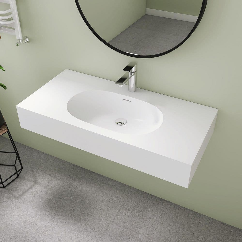 SJ STAR&JANE Vera 39 in. x 20 in. x 9 in. Solid Surface Wall-Mounted Bathroom Vessel Sink in White (1)