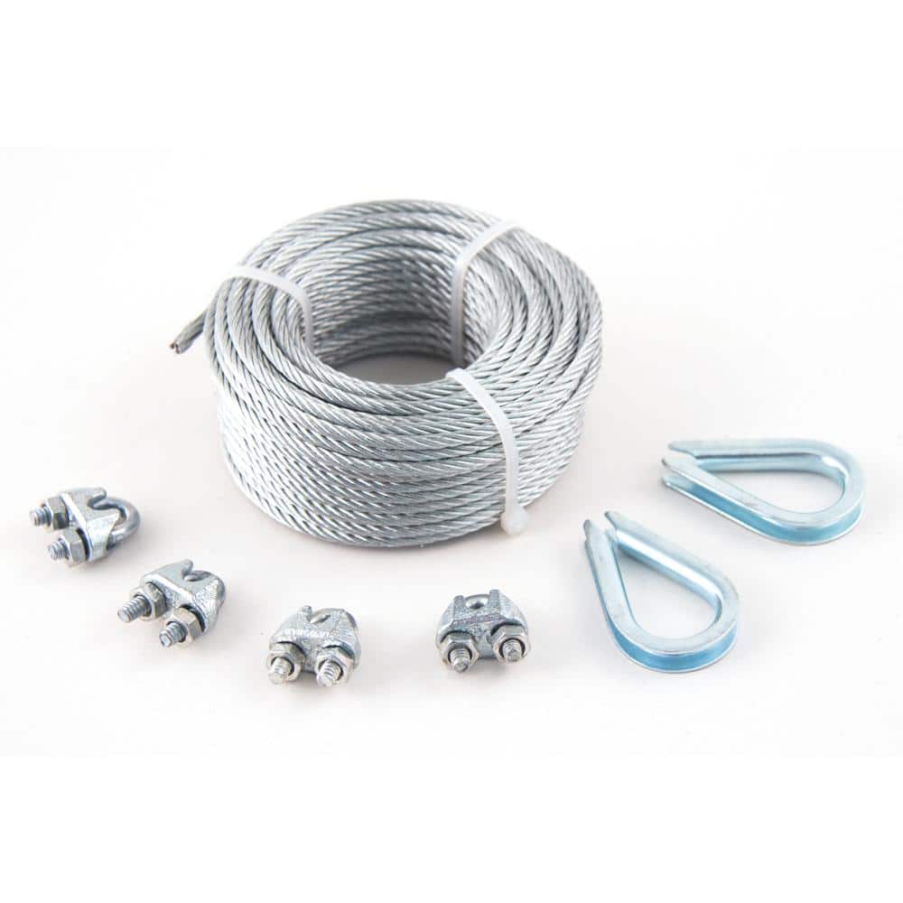 KingChain 1/8 in. x 50 ft. Galvanized Aircraft Cable Kit with Clips and Thimbles 7x19 Construction