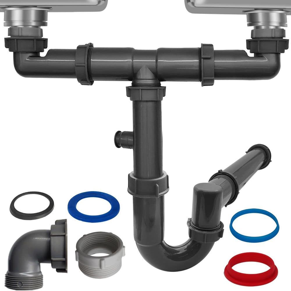 Wudkey 1-Piece 1-1/2 in. Double Sink Drain Pipe Kit in Black with P-Trap, Wall-Outlet, Included Mounting Hardware (1)