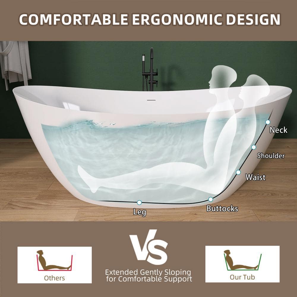 NTQ 63 in. x 31 in. Soaking Bathtub Free Standing Tub Double Slipper Acrylic Freestanding Oval Stand Alone Tubs in White (3)