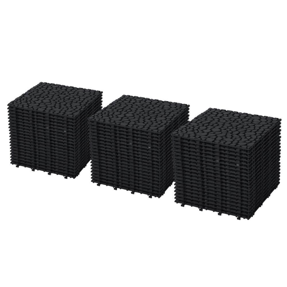 GOGEXX 1 ft. x 1 ft. PVC Deck Tiles Black 60 of Tiles Interlocking Flooring Pebble Stone Pattern Outdoor Anti-Slip (60-Pieces) (1)