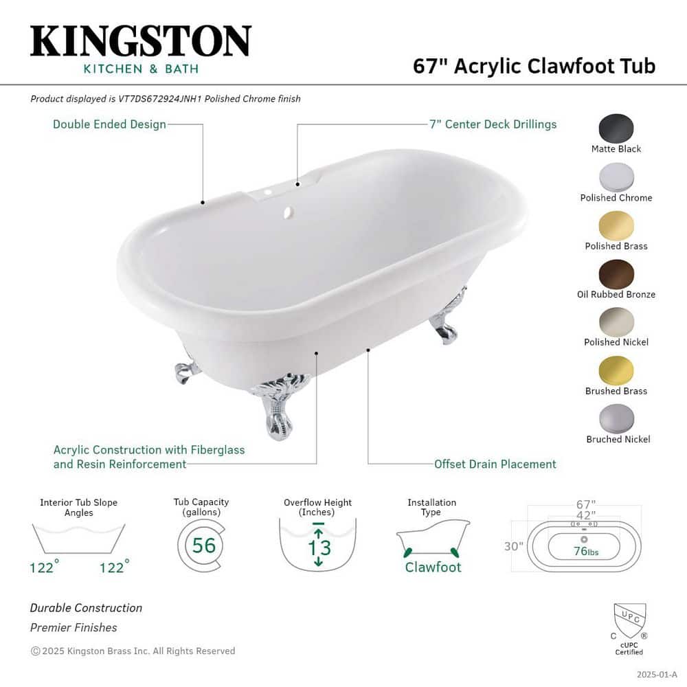 Kingston Brass Aqua Eden 66.6 in. x 29.5 in. Cast Iron Oval Clawfoot Soaking Bathtub in Glossy White/Matte Black (2)