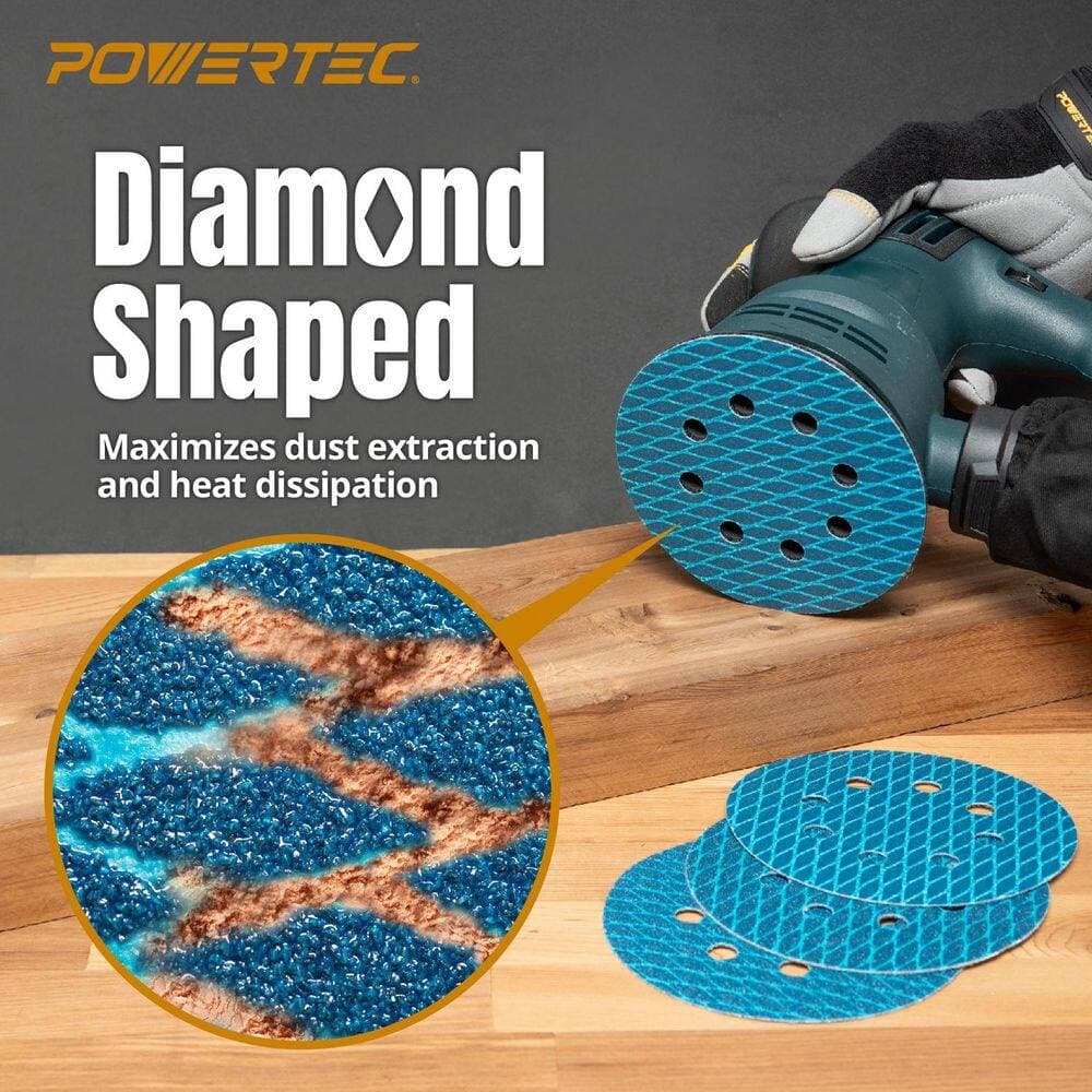 ‎POWERTEC 5 in. 8-Hole Hook and Loop Diamond Shaped 240 Grit J-Weight Cloth Backing Sanding Discs for Random Orbital Sanders, 50PK (3)