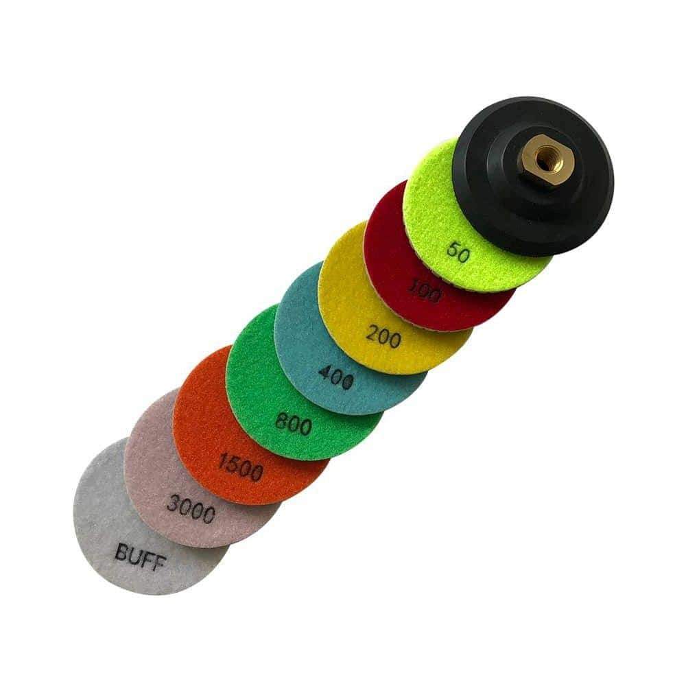 EDiamondTools 4 in. Wet Diamond Polishing Pad Set White Resin and Rubber Backing Pad, 50 100 200 400 800 1500 3000 Grit and Buffer Pad