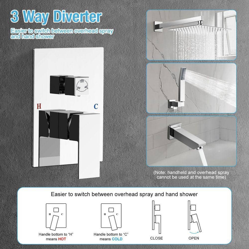 AKLFGN Single Handle 3-Spray Tub and Shower Faucet with 10 in. Rain Shower Heads 1.8 GPM in Polished Chrome (Valve Included) (2)