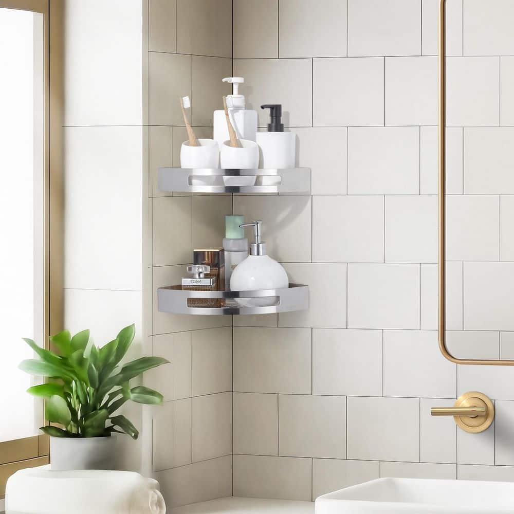 WOWOW 2-Pieces 8.39 in. W x 1.78 in. H x 8.39 in. D Stainless Steel Bathroom Triangle Corner Shelves in Brushed Nickel (2)