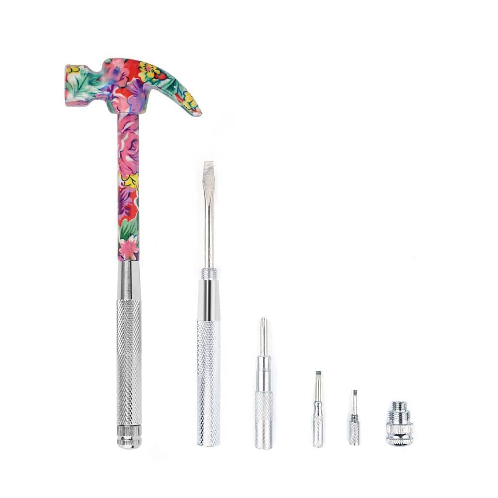 Unbranded 6 in 1 Multifunctional 244.5g Carbon Steel Tool Set Floral Claw Hammer with Screwdrivers Nail Puller Pink