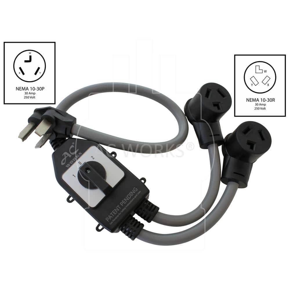 AC WORKS 30 Amp 250-Volt NEMA 10-30 3-Prong Dryer Plug to 2 NEMA 10-30 3-Prong Dryer Connections with Switch (2)