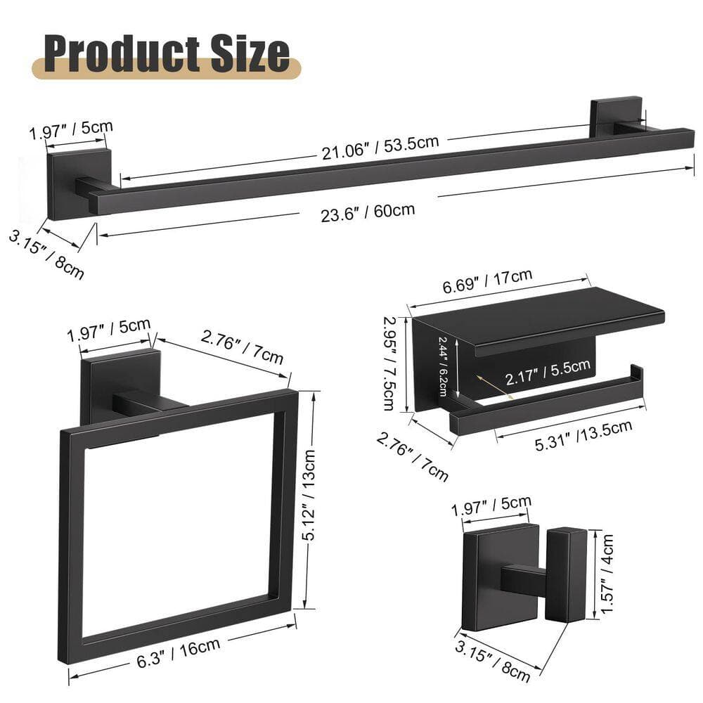 KHKFY 5-Piece Bathroom Hardware Set with 23.6 in Towel Bar, Toilet Paper Holder with Shelf, Matte Black Stainless Steel (3)