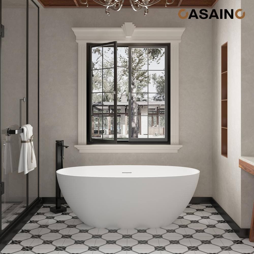 CASAINC 63.39 in. x 29.53 in. Soaking Flatbottom Non-Whirlpool Bathtub with Center Drain and Shower Faucet in Matte White (2)