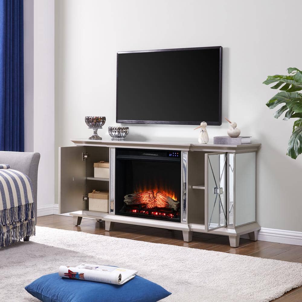 Southern Enterprises Kalis 58 in. Mirrored Surround Media Console Electric Fireplace in Silver (2)