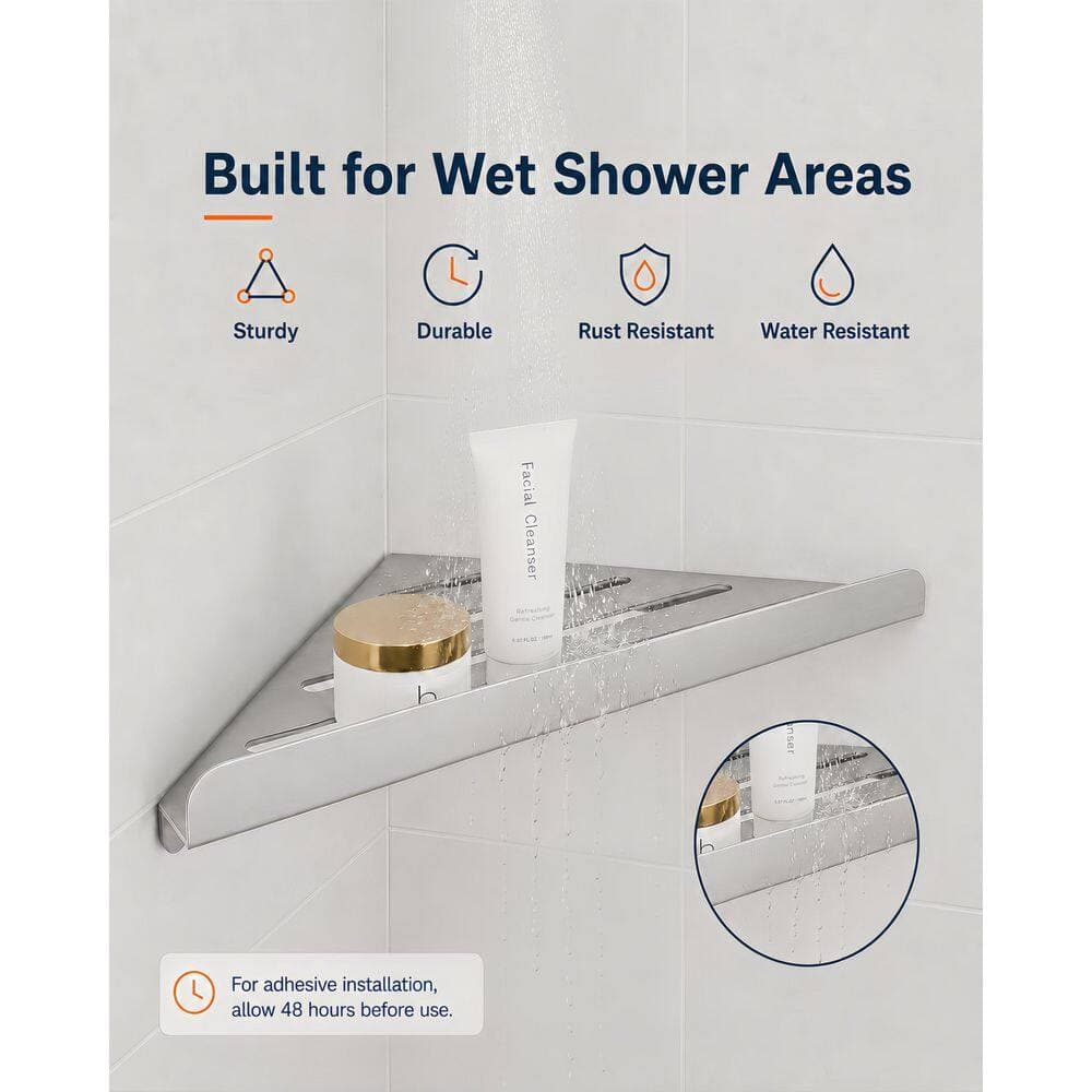 HOMEMYSTIQUE 12 in. W x 0.71 in. H x 7.58 in. D Stainless Steel Triangle Corner Bathroom Shelf in Brushed Nickel (2)