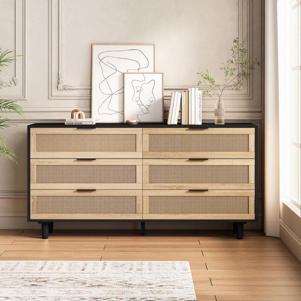 Unbranded 59.06 in. W x 15.75 in. D x 29.53 in. H Black Brown Linen Cabinet with 6 Rattan Drawers (2)
