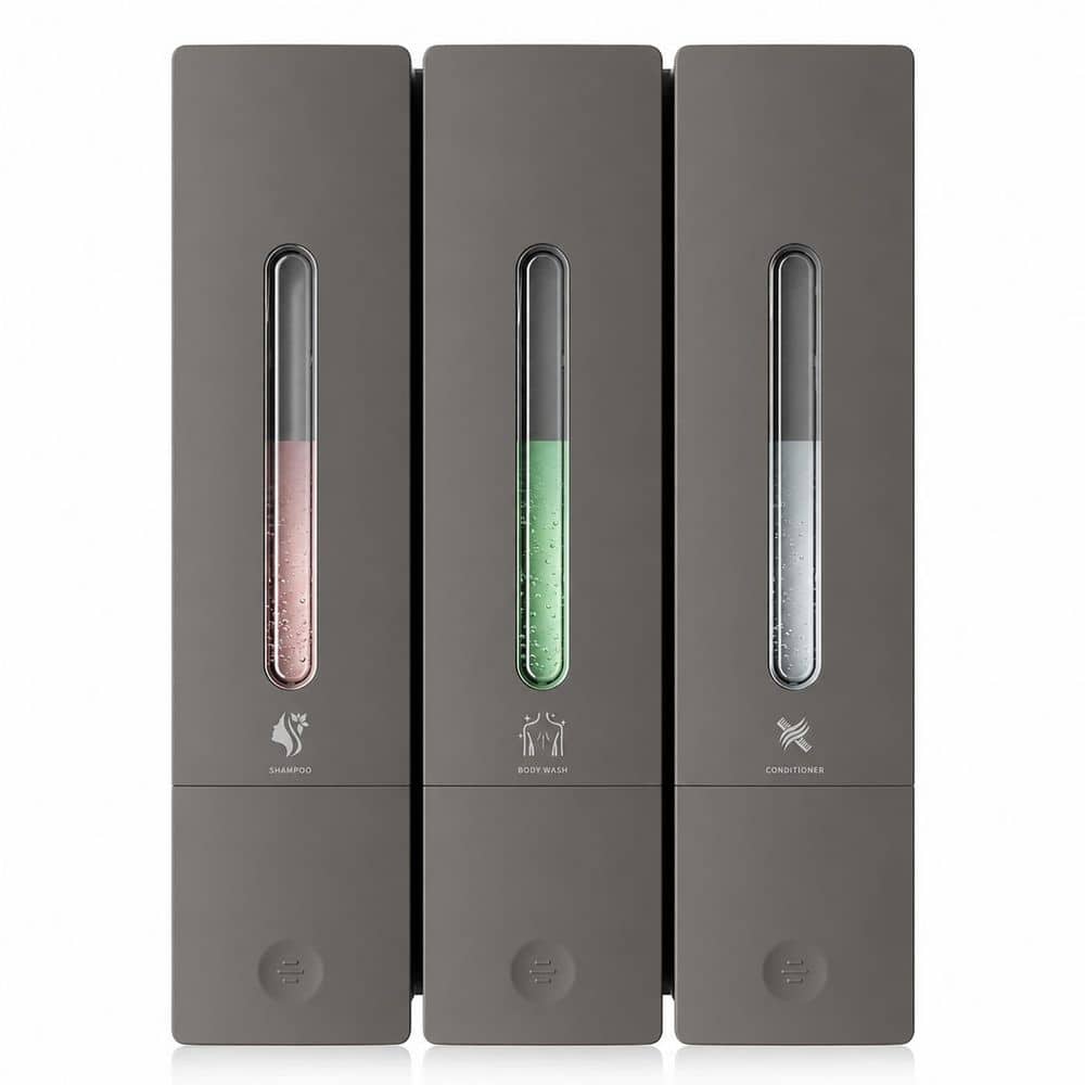 Wudkey Gray Wall-Mounted 3-Chamber Shower Soap Dispenser, No-Drill Shampoo and Conditioner Dispenser, Total 1200ml Capacity (1)